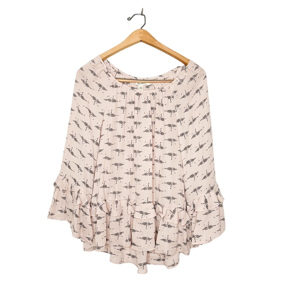 Ella Moon Tops - Ella Moon Whimsical Twee Bird Crane Print Ruffle‎ Long Sleeve Blouse Medium M